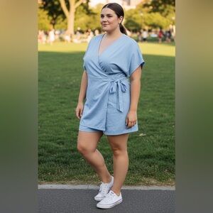 AIMCOO V-Neck Wrap Romper with Tie-up Elastic Waist